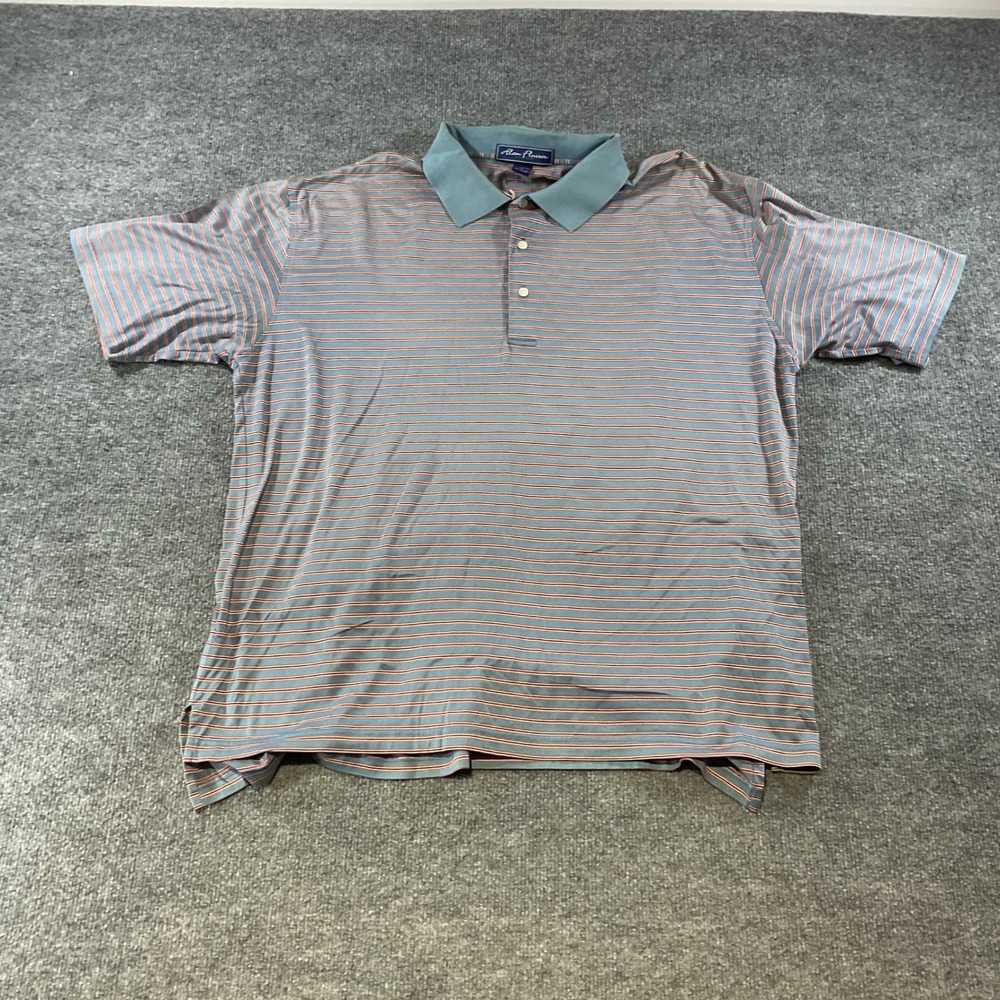 Alan Flusser Golf Mens XL Blue Orange Striped Mercerized Cotton Lisle Polo Shirt